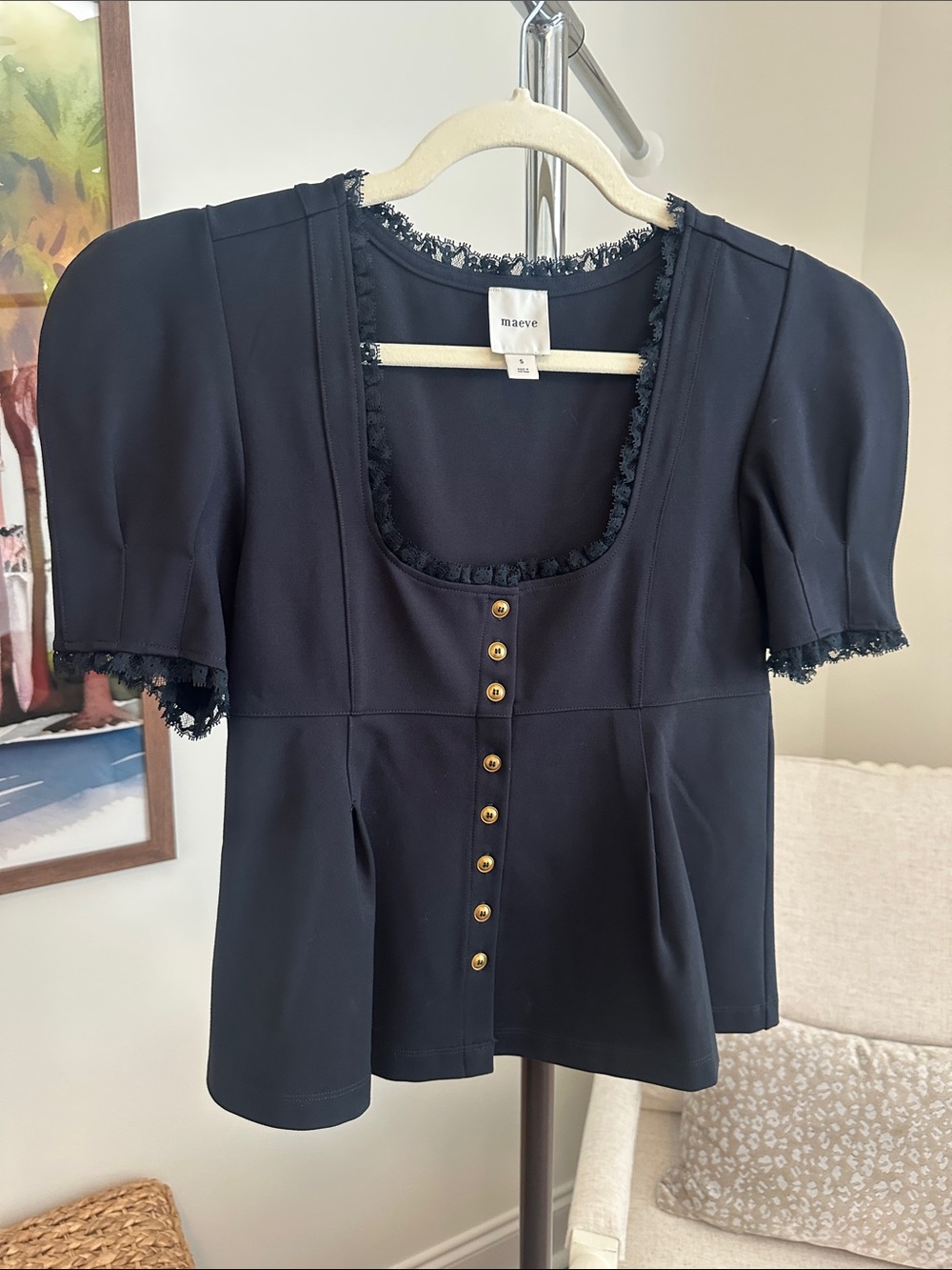 Anthropologie Maeve Black Square-Neck Lace Trim Button-Up Top